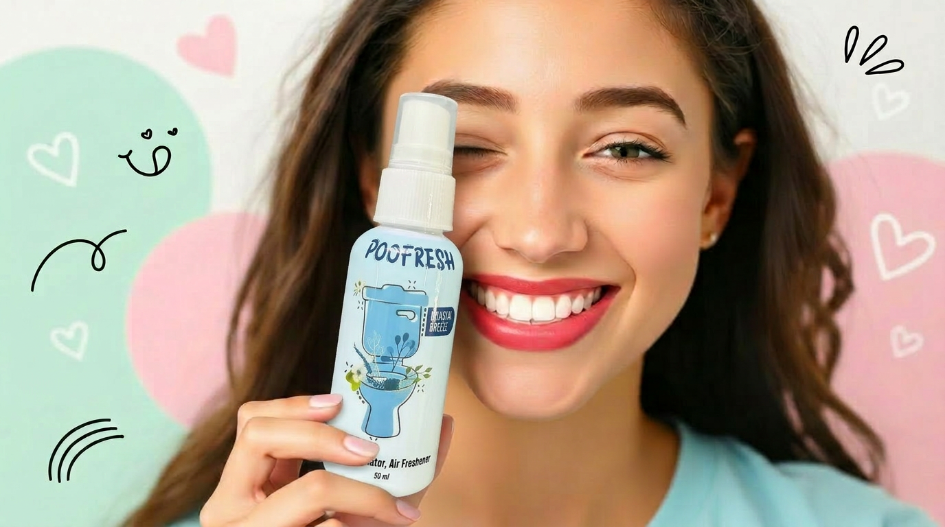 Happy customer holding a PooFresh Coastal Breeze bottle